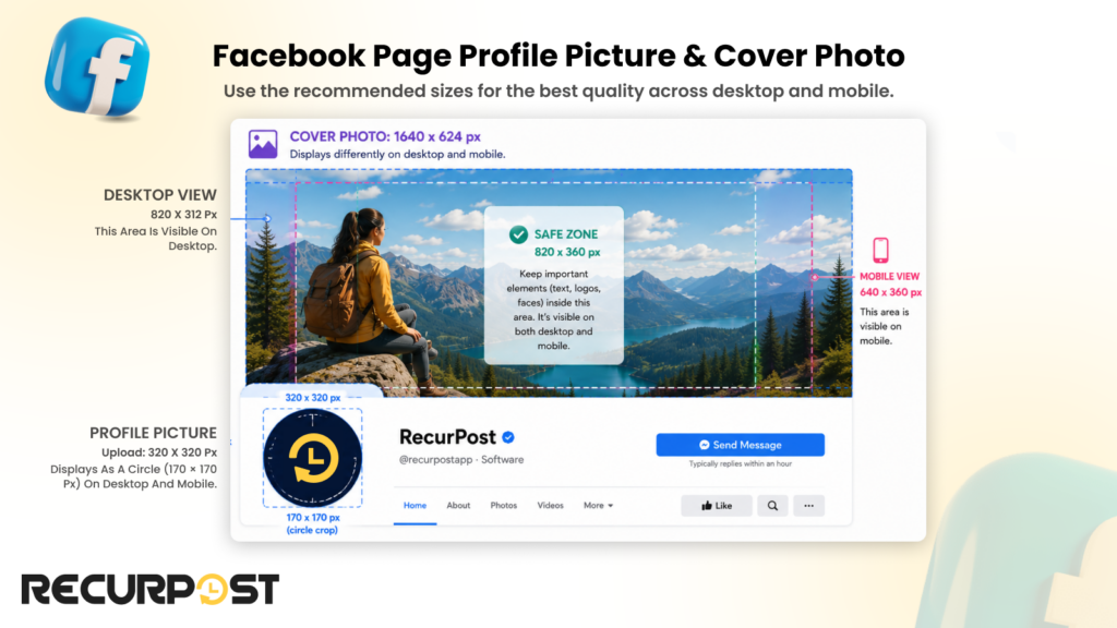 RecurPost Facebook Scheduler Page cover 1640 by 624 desktop render 640 by 360 mobile crop 